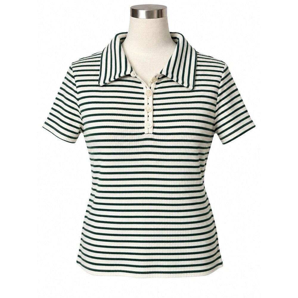 Kirious Los Angeles Green Cream Striped Ribbed Polo Crop Top XS Preppy